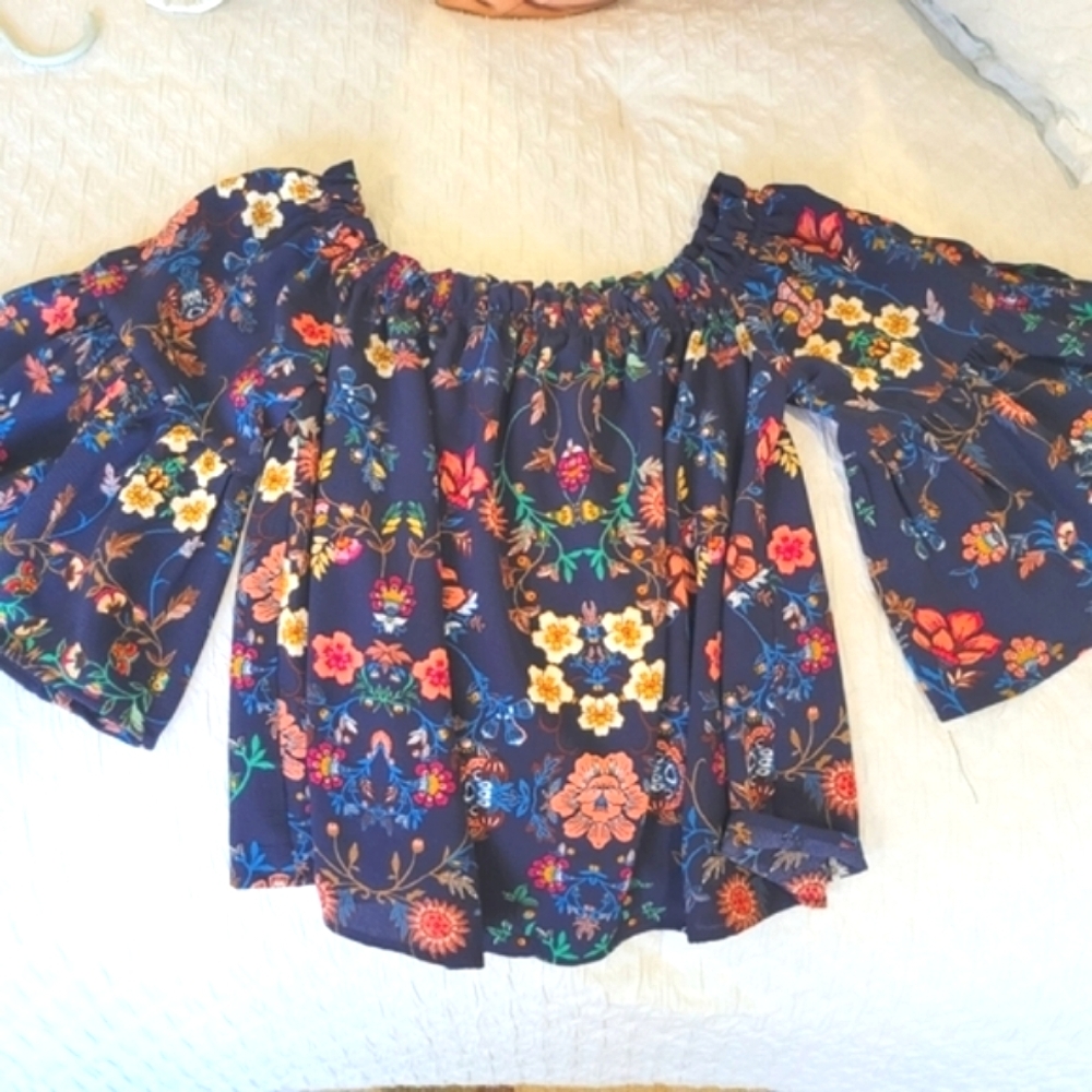 Love Tree Floral Off-Shoulder Top - Navy and Multicolor